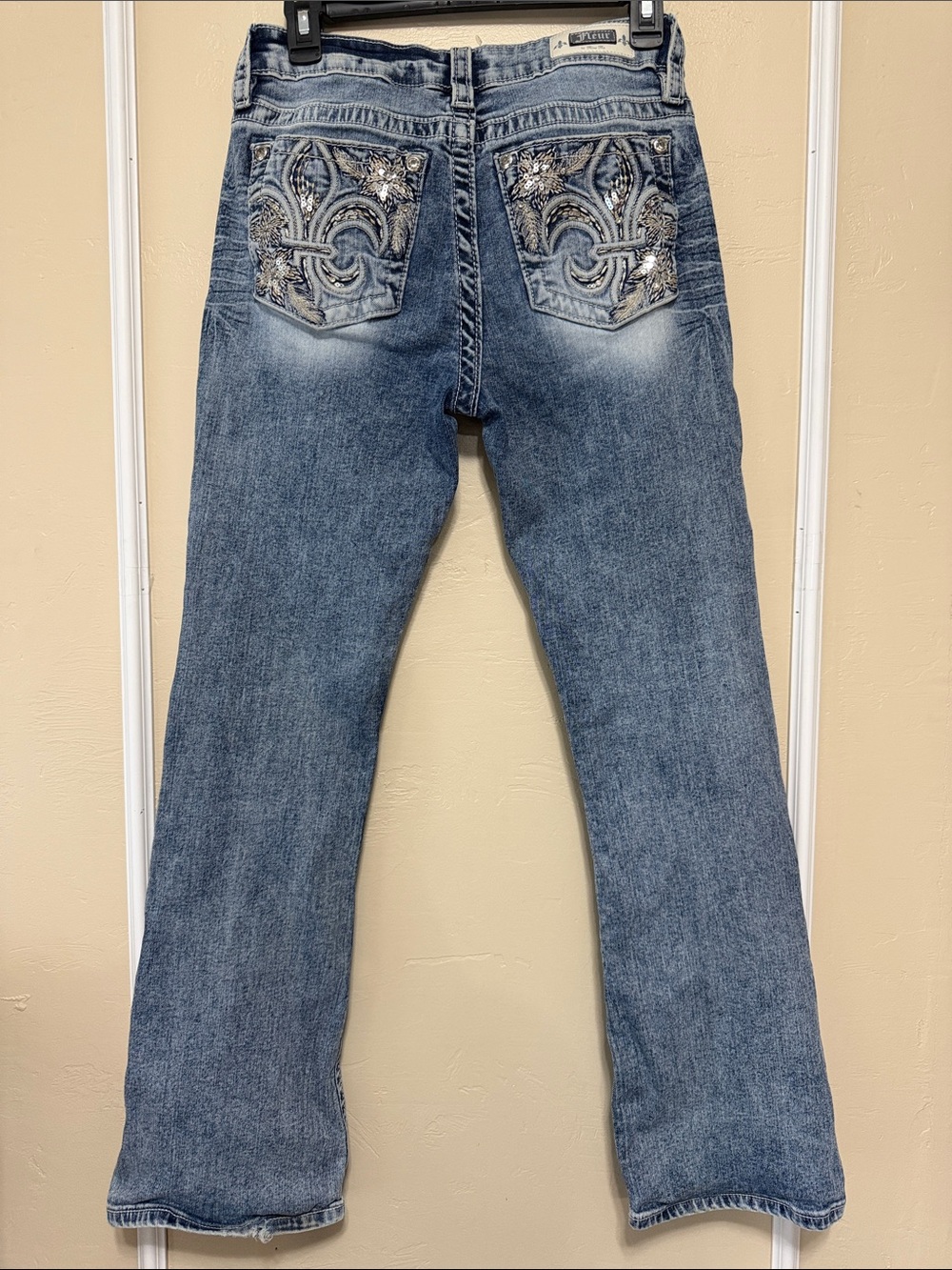 Miss Me Women's Blue Boot Cut Jeans with Embellished Fleur Pockets
